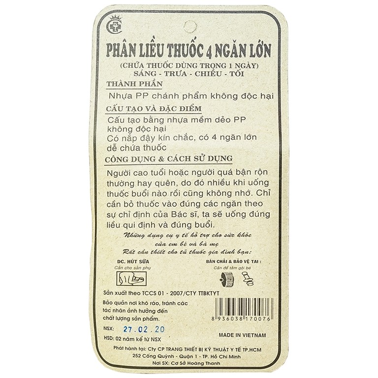 Hộp phân liều thuốc 4 ngăn vuông lớn giúp phân chia liều lượng thuốc trong 1 ngày (1 cái)