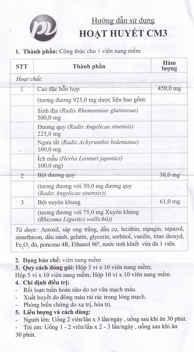Thuốc Hoạt Huyết CM3 Phúc Vinh điều trị rối loạn tuần hoàn não do xơ vữa mạch máu (3 vỉ x 10 viên)