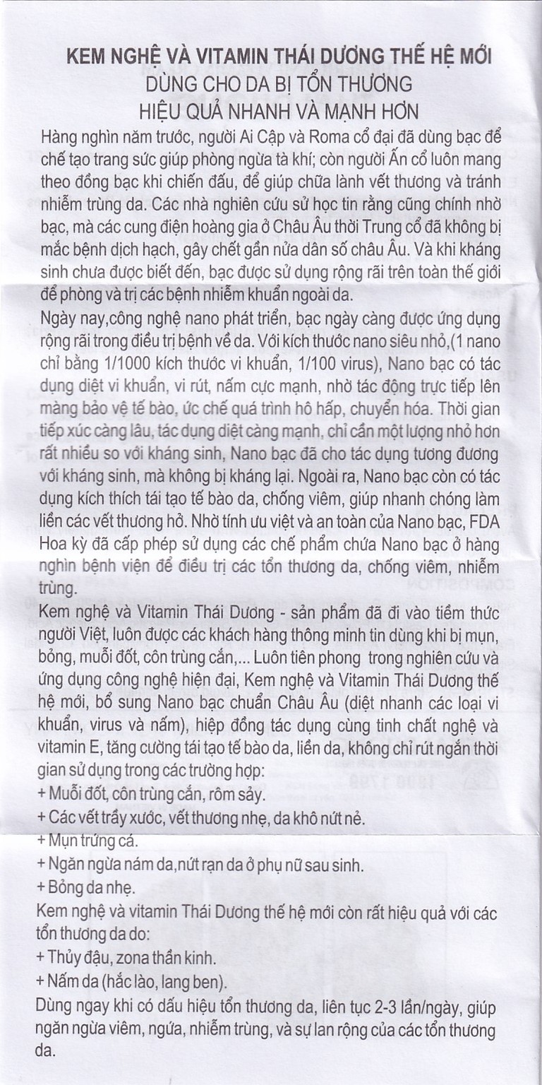 Kem bôi nghệ và Vitamin Thái Dương Nano Bạc giúp mờ thâm sẹo, nám (20g)
