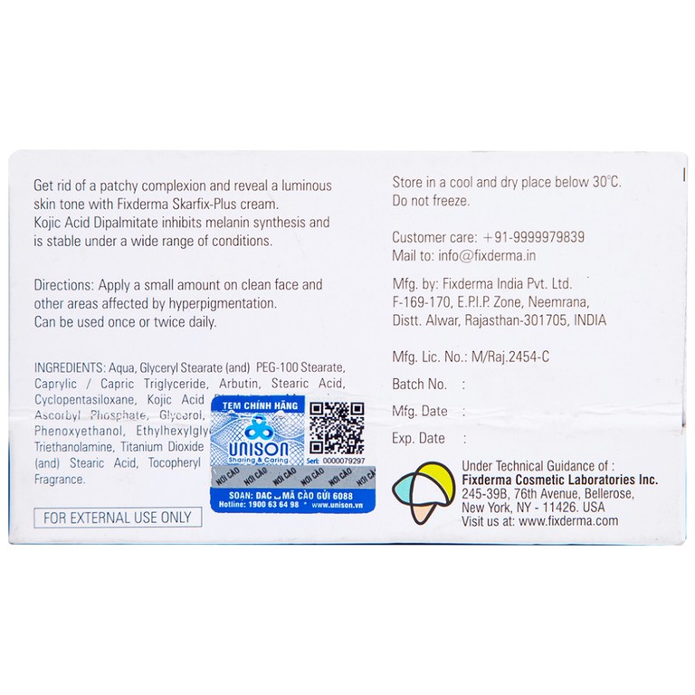Kem làm sáng da Skarfix-Plus Cream Fixderma mờ vết thâm, đốm đen (15g)