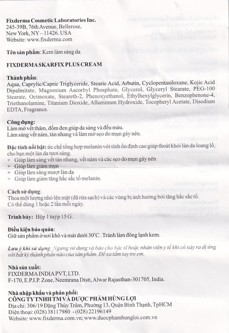 Kem làm sáng da Skarfix-Plus Cream Fixderma mờ vết thâm, đốm đen (15g)