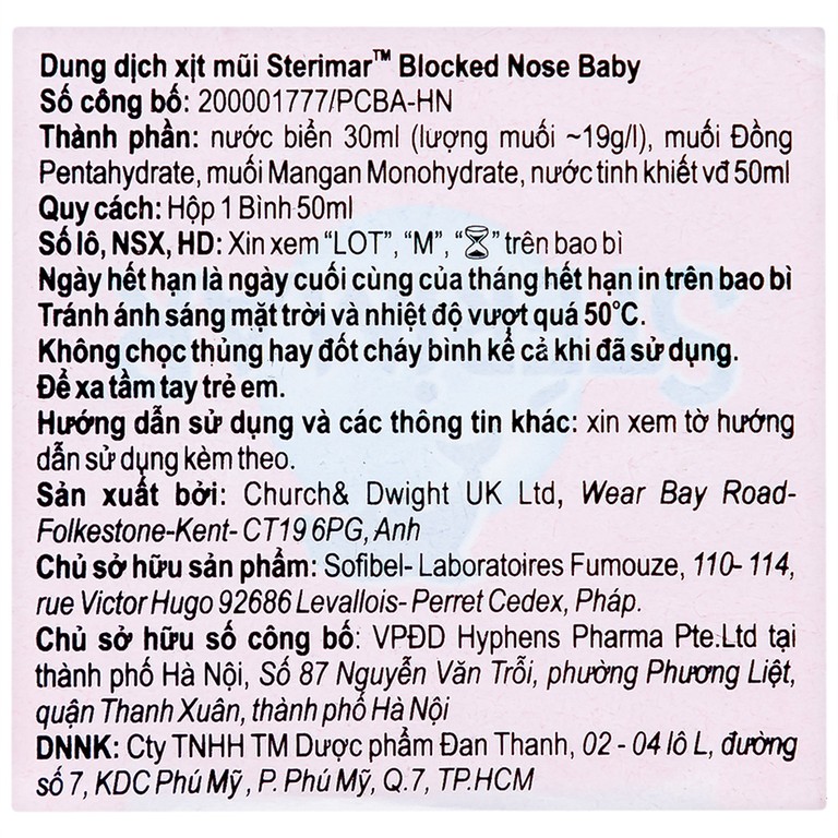 Dung dịch xịt mũi Stérimar Blocked Nose Baby 50ml làm sạch, loại bỏ bụi bẩn niêm mạc mũi cho trẻ từ 3 tháng - 3 tuổi