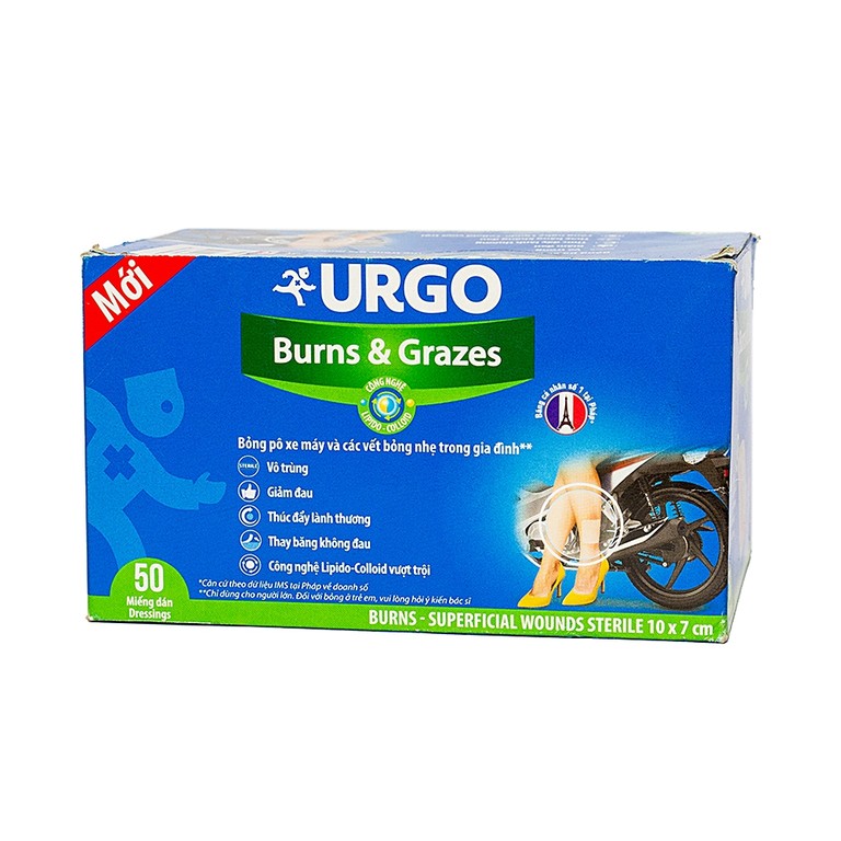 Băng gạc vô trùng Urgo Burns And Grazes size 10cm x 7cm dùng cho các vết bỏng và vết thương bề mặt (50 miếng)
