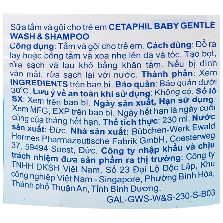 Sữa tắm gội em bé Cetaphil Baby Gentle Wash and Shampoo Hair and Body làm dịu da, không gây kích ứng (230ml)