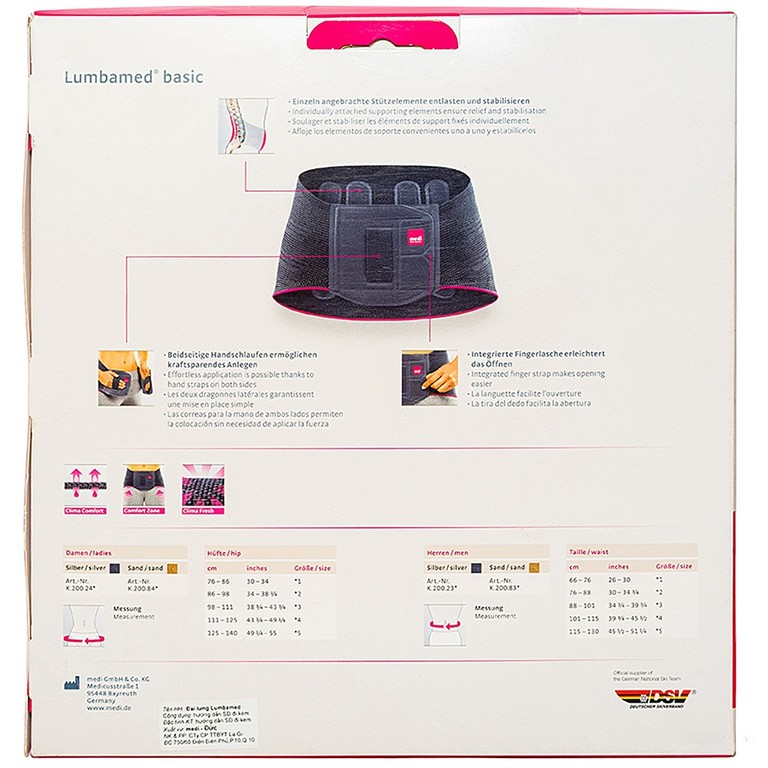 Đai lưng Lumbamed Basic Women size II Medi chuyên dùng cho bệnh lý thoát vị đĩa đệm, thoái hóa đốt sống