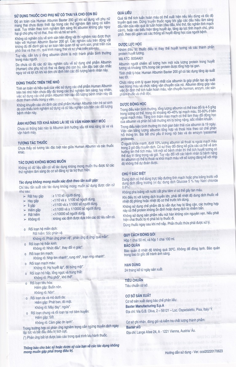 Dung dịch tiêm Human Albumin Baxter 200g/l dùng trong phục hồi và duy trì thể tích máu (50ml)