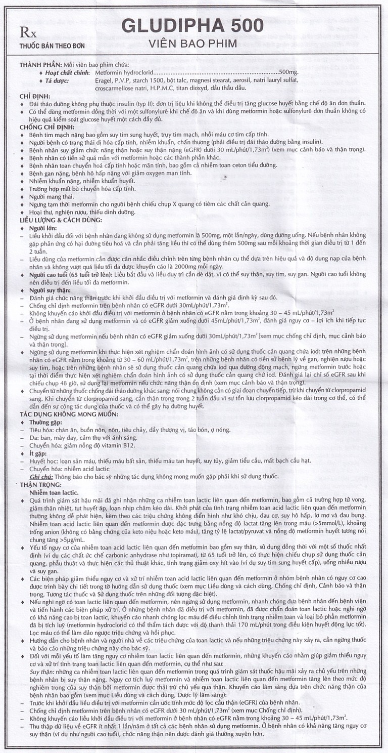 Thuốc Gludipha 500 Vidipha điều trị đái tháo đường típ 2 (5 vỉ x 10 viên)