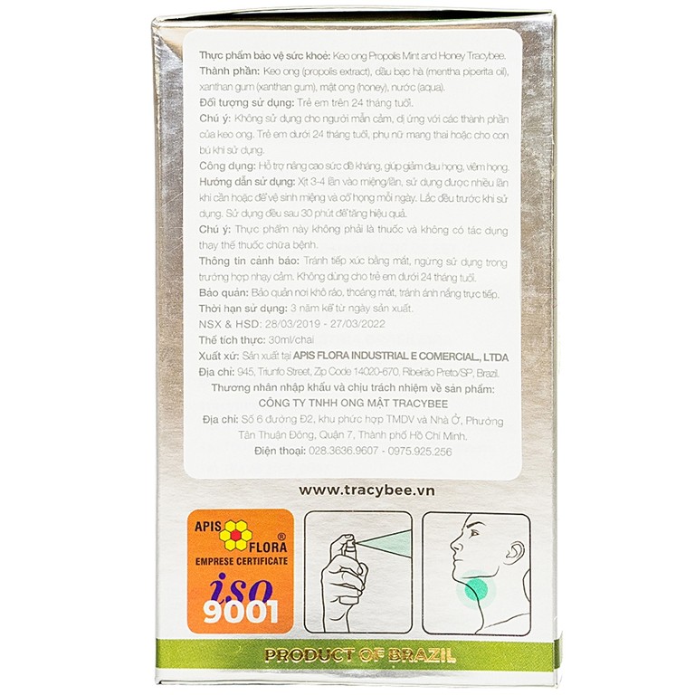 Keo ong xanh Tracybee Propolis Mint & Honey vị bạc hà giúp giảm đau, viêm họng, ho do nhiễm khuẩn (30ml)