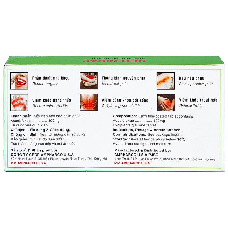 Viên nén Neo-Nidal 100mg Ampharco điều trị đau sau chấn thương, phẫu thuật (3 vỉ x 10 viên)