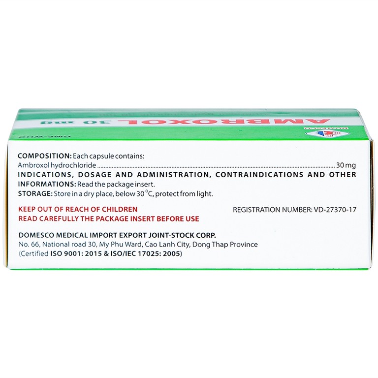 Thuốc Ambroxol 30mg Domesco điều trị viêm phế quản, hen phế quản (10 vỉ x 10 viên)
