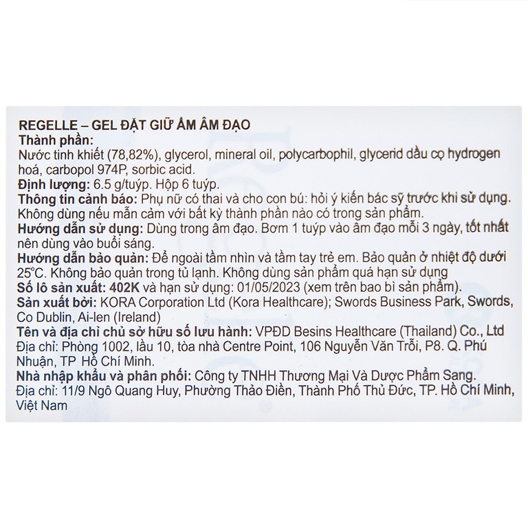 Gel đặt giữ ẩm âm đạo Regelle Kora Healthcare 6.5g cải thiện khô, đau âm đạo (6 tuýp)