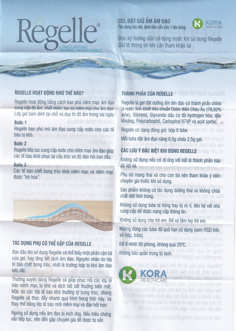 Gel đặt giữ ẩm âm đạo Regelle Kora Healthcare 6.5g cải thiện khô, đau âm đạo (6 tuýp)
