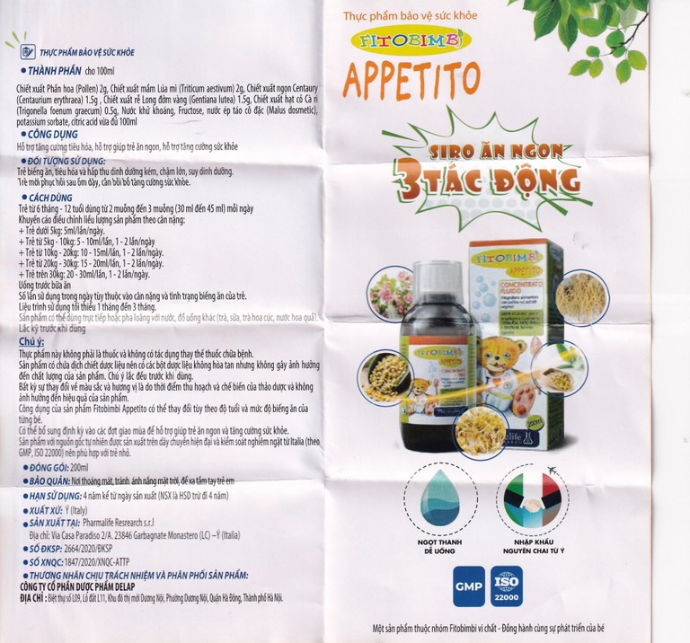 Dung dịch Fitobimbi Appetito hỗ trợ tăng cường tiêu hóa (200ml)