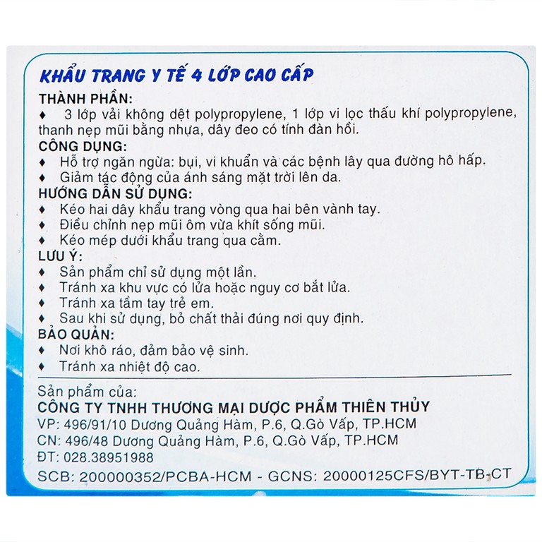 Khẩu trang y tế Thiên Thủy 4 lớp hỗ trợ ngăn khói, bụi, kháng khuẩn (50 cái)