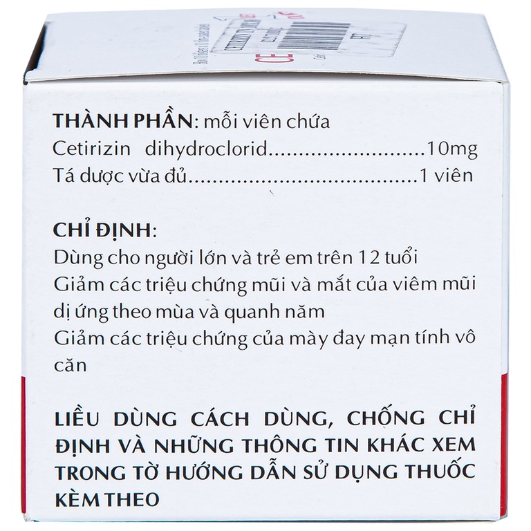 Thuốc Cetirizin 10mg Thành Nam điều trị viêm mũi dị ứng, mày đay (10 vỉ x 10 viên)