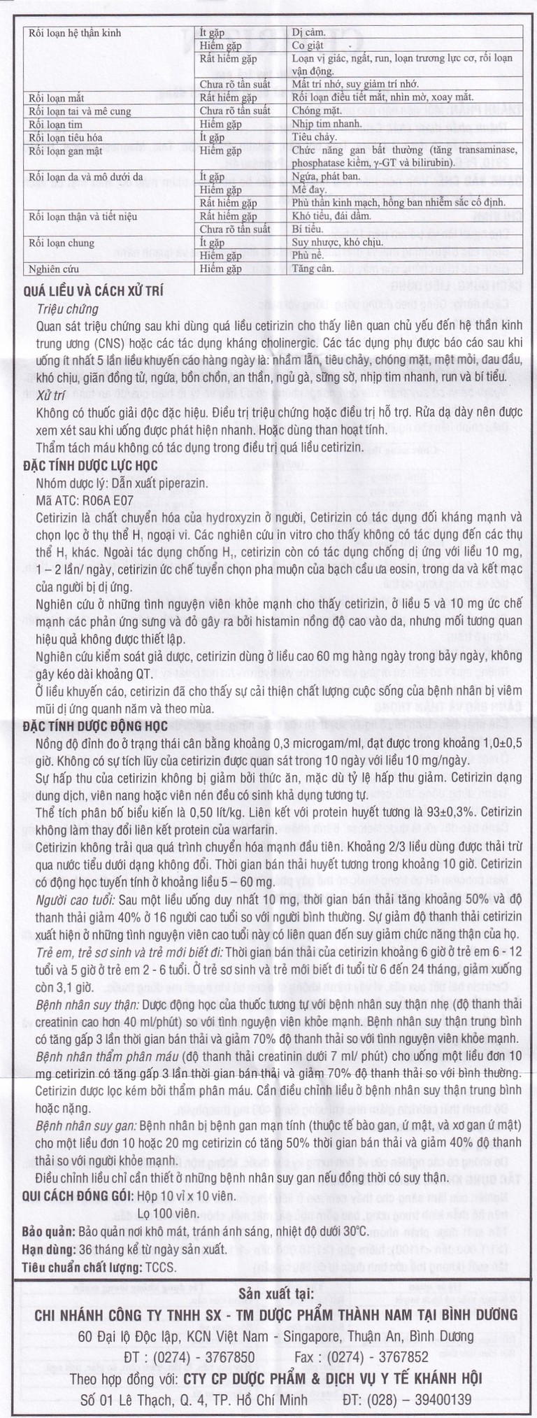 Thuốc Cetirizin 10mg Thành Nam điều trị viêm mũi dị ứng, mày đay (10 vỉ x 10 viên)
