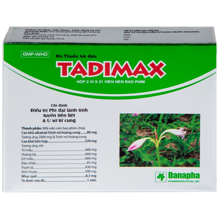Thuốc Tadimax Danapha điều trị phì đại lành tính tuyến tiền liệt và u xơ tử cung (2 vỉ x 21 viên)