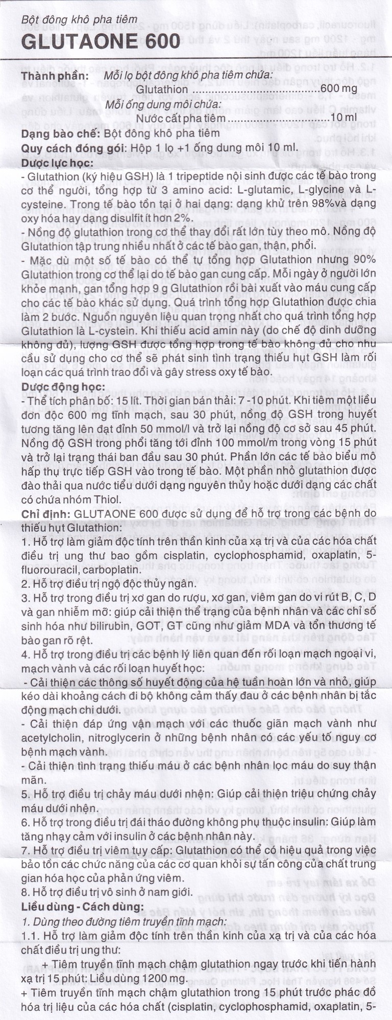 Bột pha tiêm Glutaone 600 Bidiphar hỗ trợ điều trị ngộ độc thủy ngân (1 ống dung môi x 10ml)