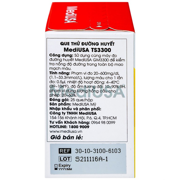 Que thử đường huyết MediUSA TS3300 dùng cho máy đo đương huyết GM3300 kiểm tra nồng độ đường trong máu (25 cái)