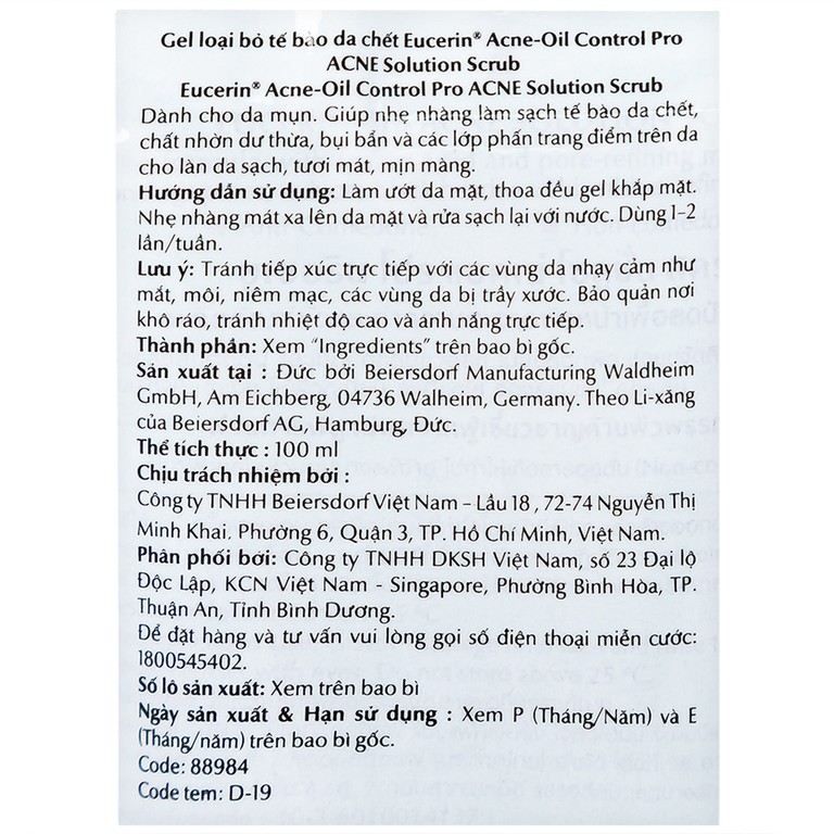 Gel tẩy tế bào chết Eucerin Acne-Oil Control Pro Acne Solution Scrub dành cho da mụn (100ml)
