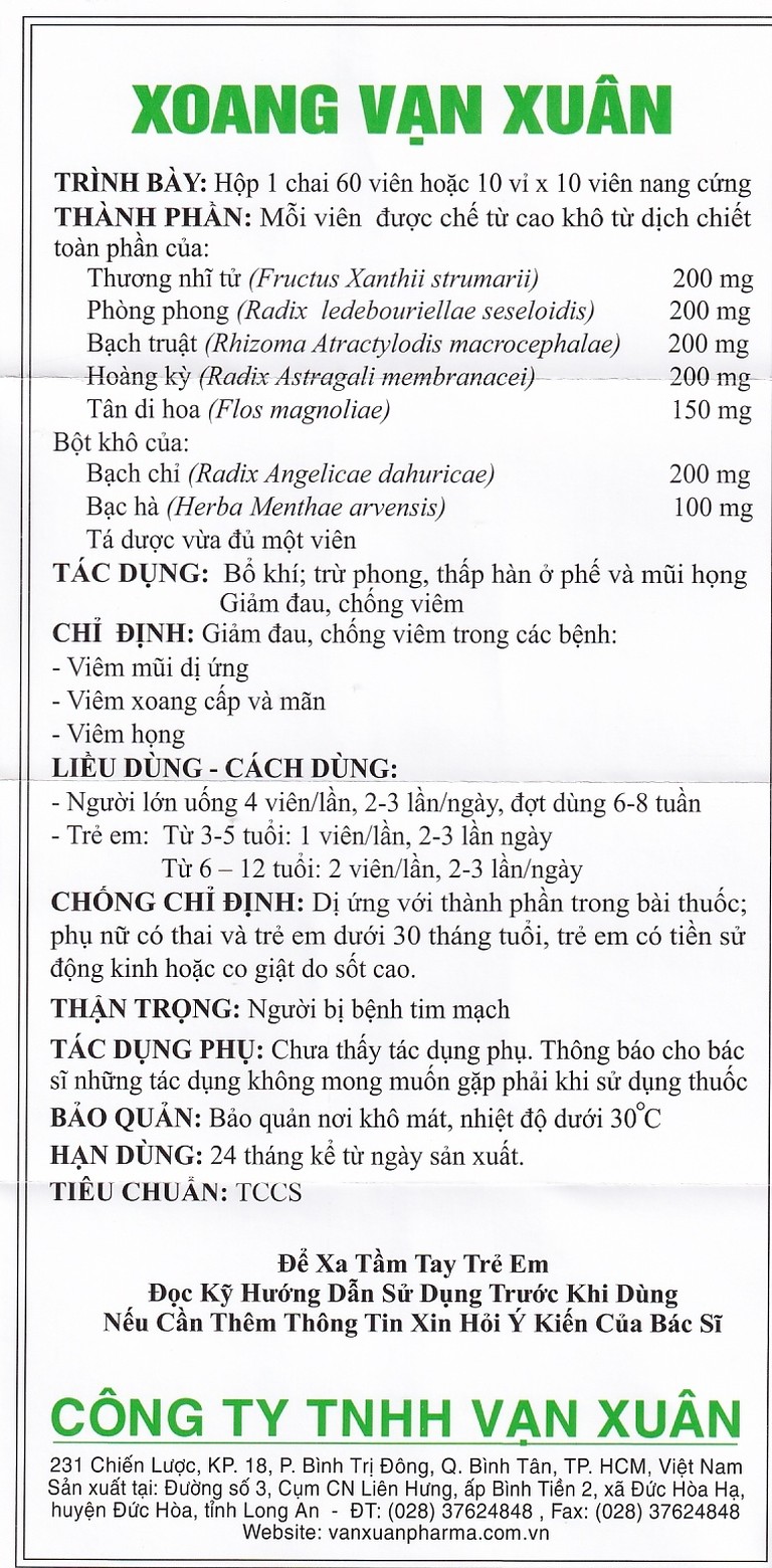 Thuốc Xoang Vạn Xuân giảm đau, chống viêm mũi dị ứng, viêm xoang (10 vỉ x 10 viên)