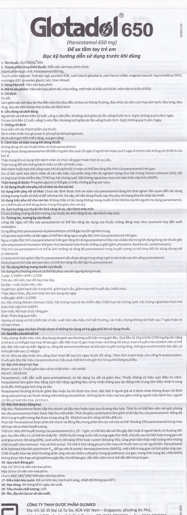 Thuốc Glotadol 650 Abbott hỗ trợ hạ sốt và giảm đau (10 vỉ x 10 viên)