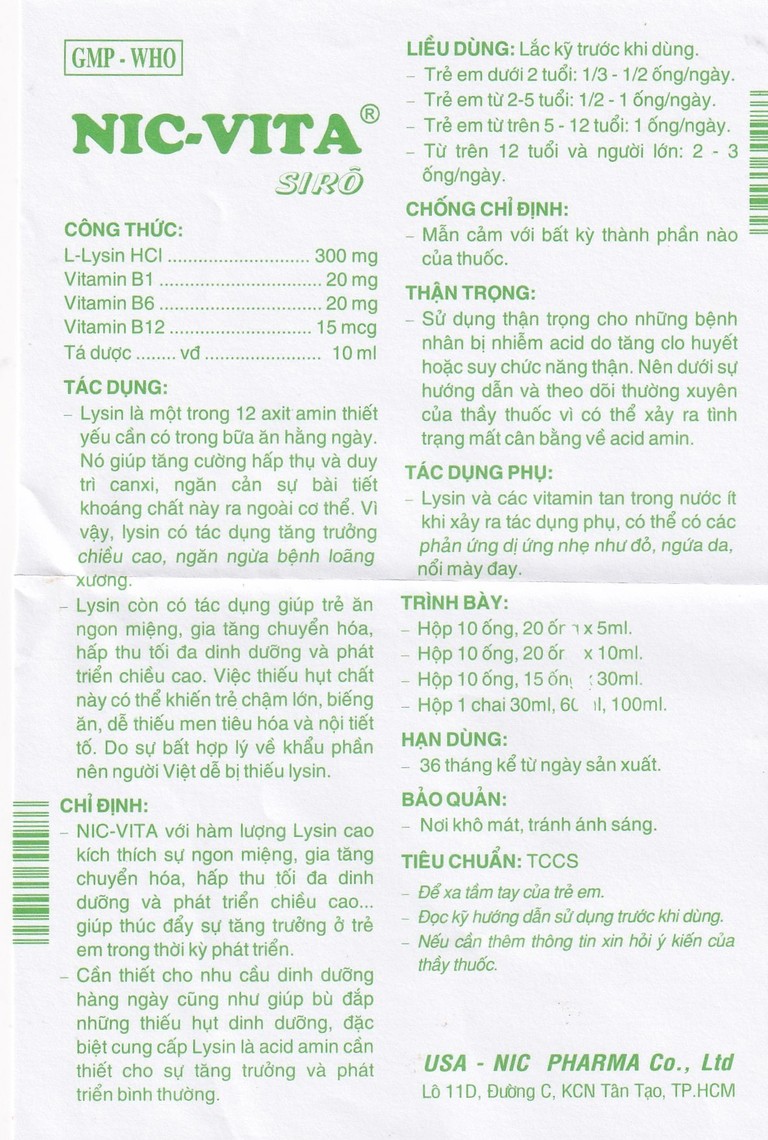 Siro Nic-Vita bổ sung dinh dưỡng, phát triển chiều cao ở trẻ em (20 ống x 10ml)