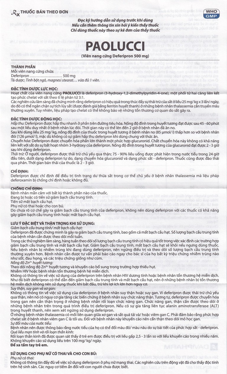 Thuốc Paolucci 500mg DaViPharm điều trị dư thừa sắt trong cơ thể (3 vỉ x 10 viên)