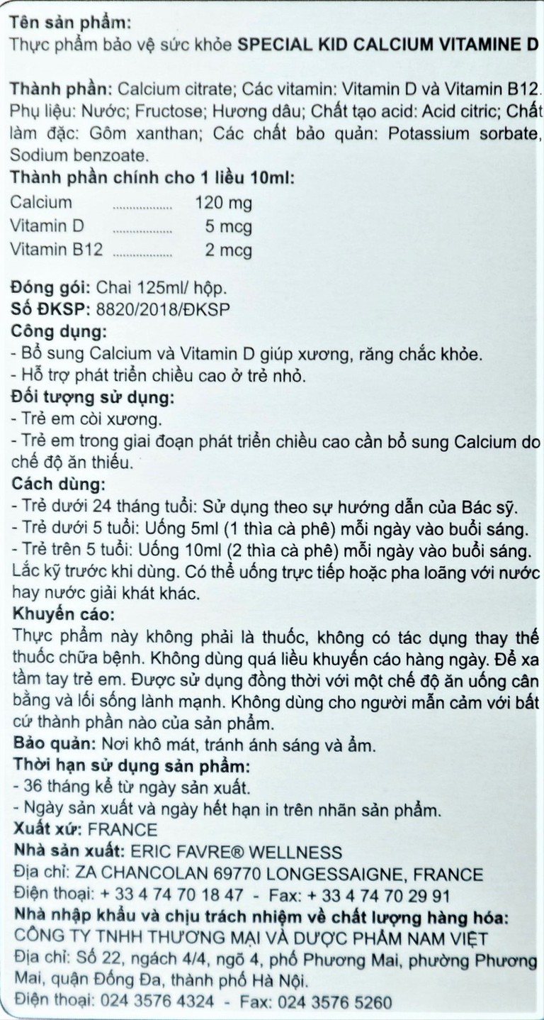 Siro Special Kid Calcium Vitamine D bổ sung Calci và Vitamin D giúp xương, răng chắc khỏe (125ml)