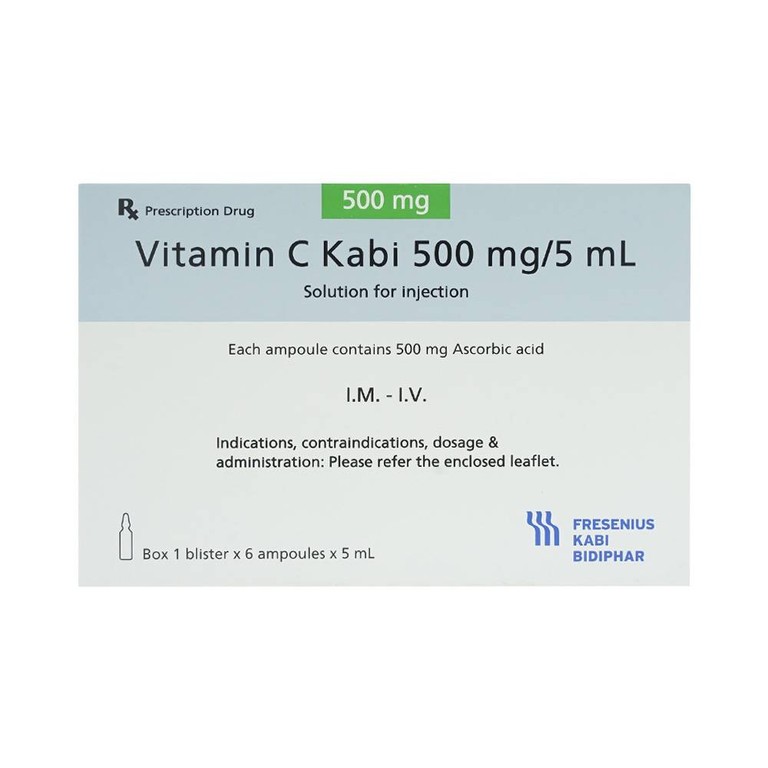 Thuốc tiêm Vitamin C Kabi 500mg/5ml phòng và điều trị bệnh Scorbut (1 vỉ x 6 ống )