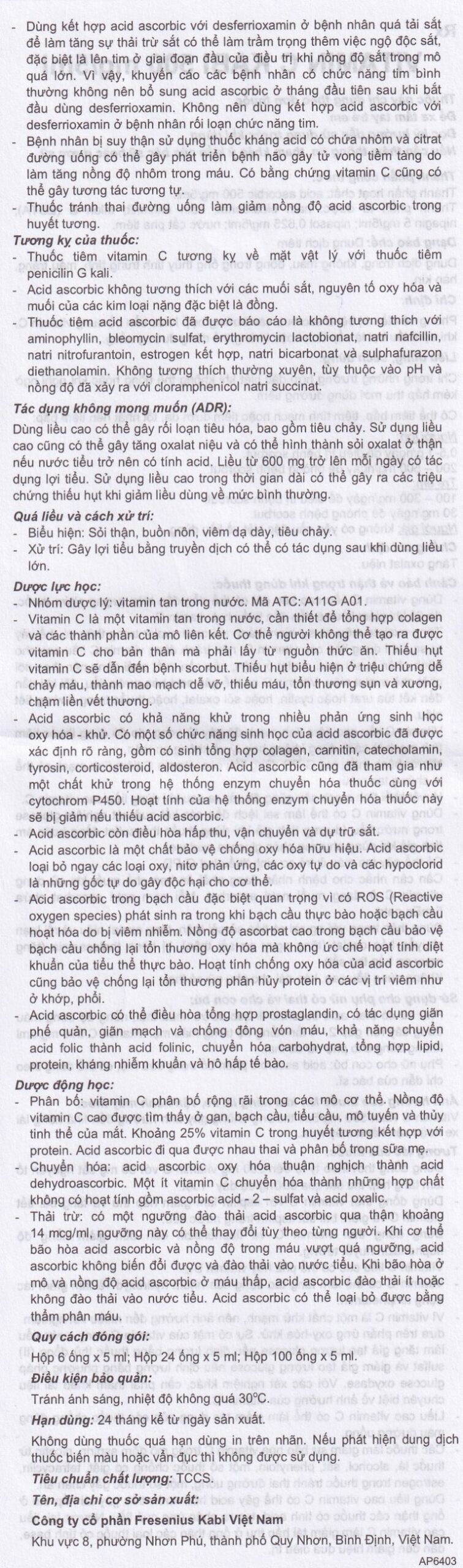 Thuốc tiêm Vitamin C Kabi 500mg/5ml phòng và điều trị bệnh Scorbut (1 vỉ x 6 ống )