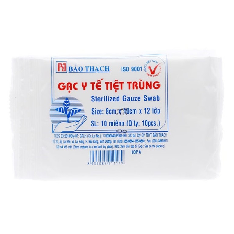 Gạc y tế 8cm x 10cm x 12 lớp tiệt trùng Bảo Thạch làm sạch các vết thương nhỏ, thấm máu và dịch tiết (10 miếng)