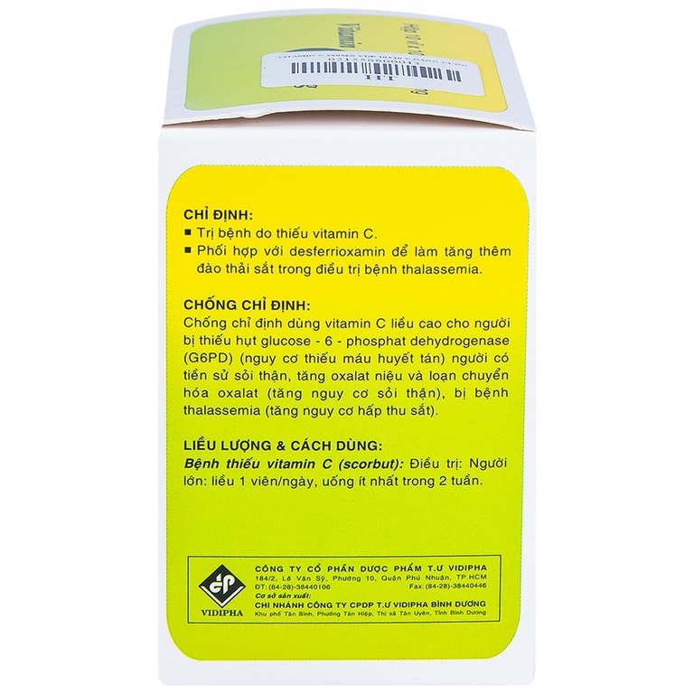 Thuốc Vitamin C 500mg Vidipha hỗ trợ điều trị bệnh Thalassemia (10 vỉ x 10 viên)