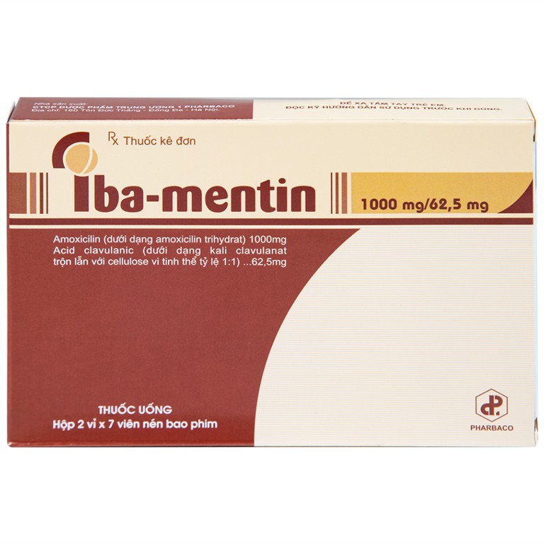 Thuốc Iba-Mentin 1000mg/62.5mg Pharbaco điều trị viêm Amidan, viêm xoang, viêm phế quản (2 vỉ x 7 viên)