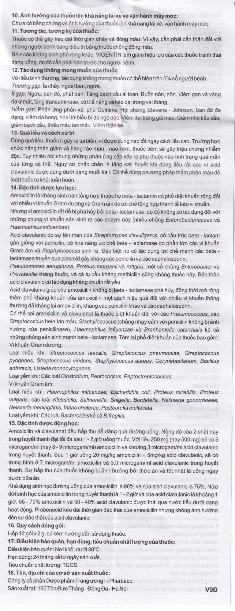 Thuốc bột pha hỗn dịch uống Vigentin 500mg/62,5mg Pharbaco điều trị các chứng nhiễm khuẩn (12 gói x 2g)