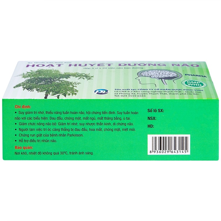 Thuốc Hoạt Huyết Dưỡng Não Phúc Vinh điều trị suy giảm trí nhớ, thiểu năng tuần hoàn não (5 vỉ x 20 viên)
