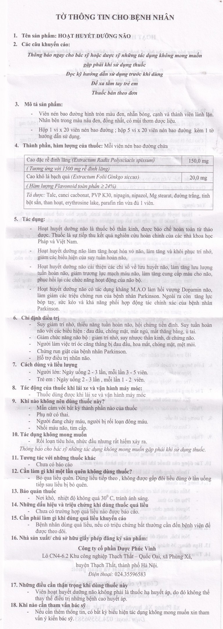 Thuốc Hoạt Huyết Dưỡng Não Phúc Vinh điều trị suy giảm trí nhớ, thiểu năng tuần hoàn não (5 vỉ x 20 viên)