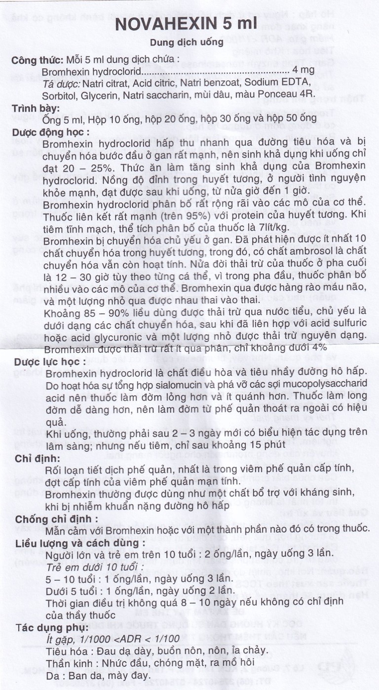 Dung dịch uống Novahexin 4mg Phương Đông điều trị rối loạn tiết dịch phế quản (30 ống x 5ml)