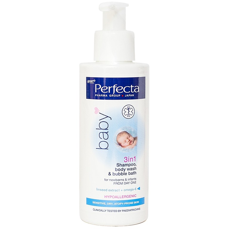 Gel tắm gội 3 trong 1 cho trẻ từ 1 ngày tuổi Perfecta Baby Rohto dưỡng ẩm da (150ml)