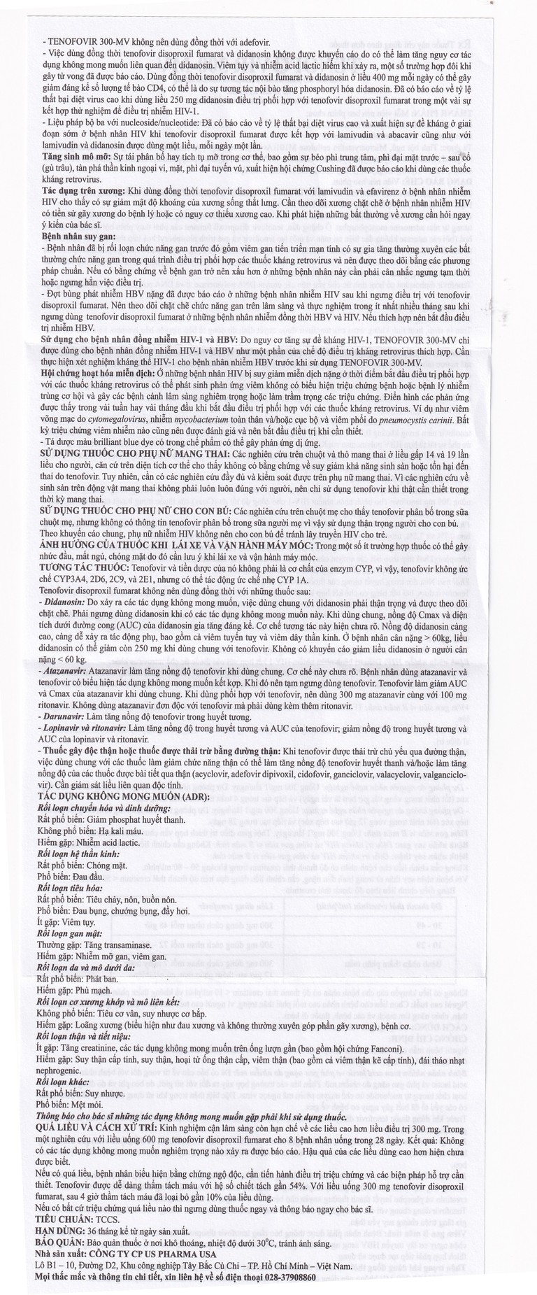 Thuốc Tenofovir 300-MV US Pharma điều trị nhiễm HIV-1, dự phòng sau phơi nhiễm HIV (3 vỉ x 10 viên)