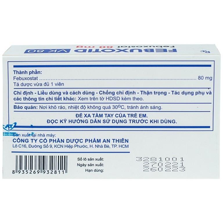 Thuốc Febuxotid VK 80 An Thiên điều trị tăng acid uric máu mãn tính (3 vỉ x 10 viên)