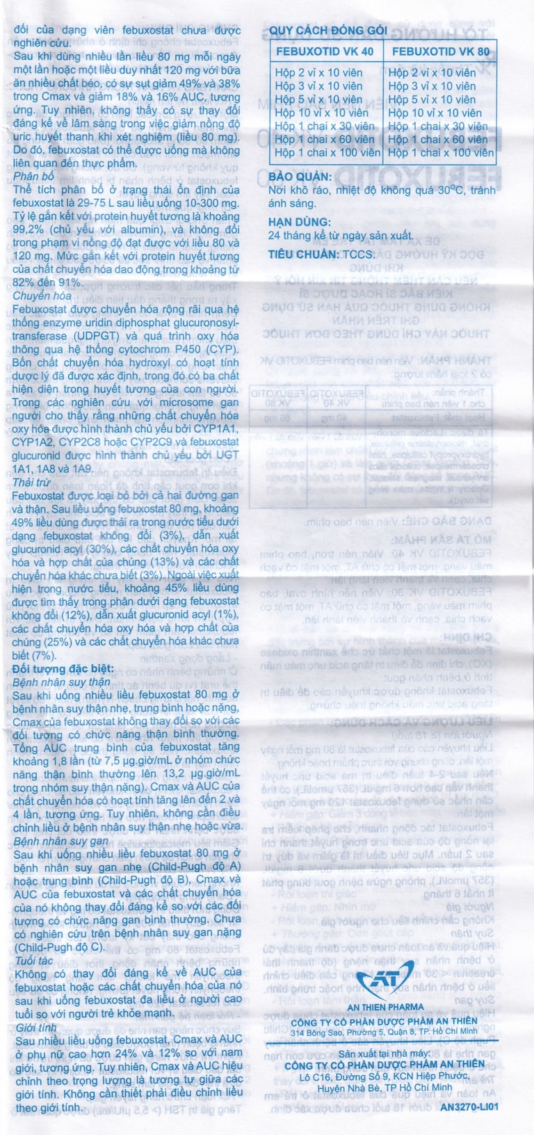 Thuốc Febuxotid VK 40 An Thiên điều trị tăng acid uric máu mãn tính (3 vỉ x 10 viên)