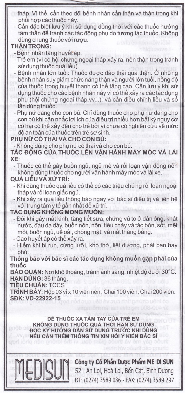 Viên nén Medi-Levosulpirid 25mg Medisun điều trị tâm thần phân liệt cấp và mạn tính (3 vỉ x 10 viên)