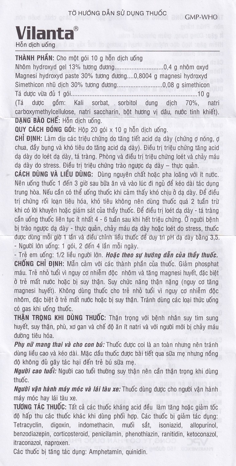 Thuốc Vilanta Pharimexco dịu triệu chứng ợ nóng, ợ chua (20 gói x 10g)