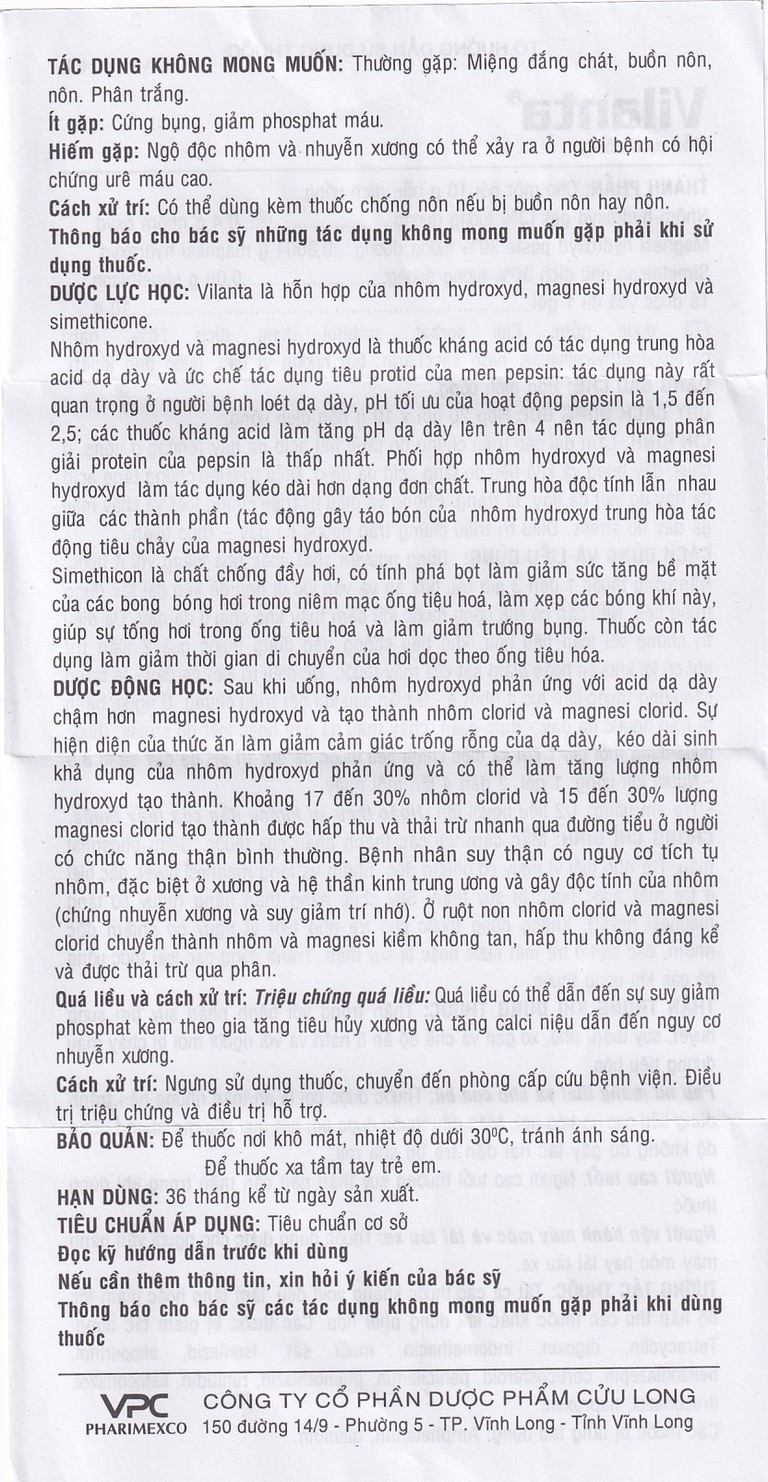 Thuốc Vilanta Pharimexco dịu triệu chứng ợ nóng, ợ chua (20 gói x 10g)