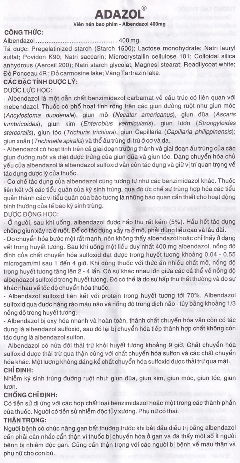 Thuốc Adazol 400mg Dược 3-2 điều trị nhiễm ký sinh trùng đường ruột (1 vỉ x 1 viên)