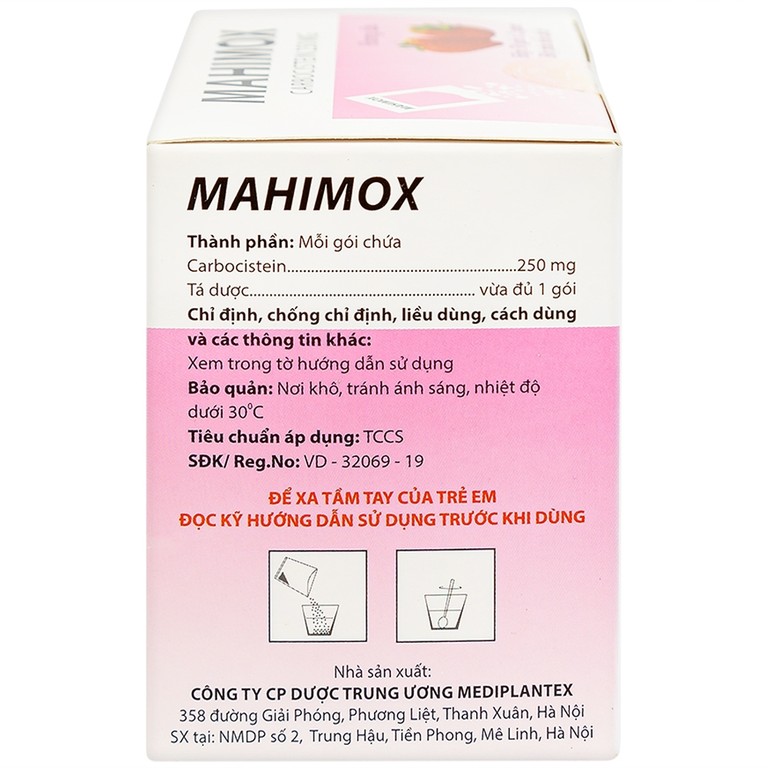 Bột pha hỗn dịch Mahimox 250mg hương dâu điều trị hỗ trợ các rối loạn đường hô hấp (30 gói x 2g)
