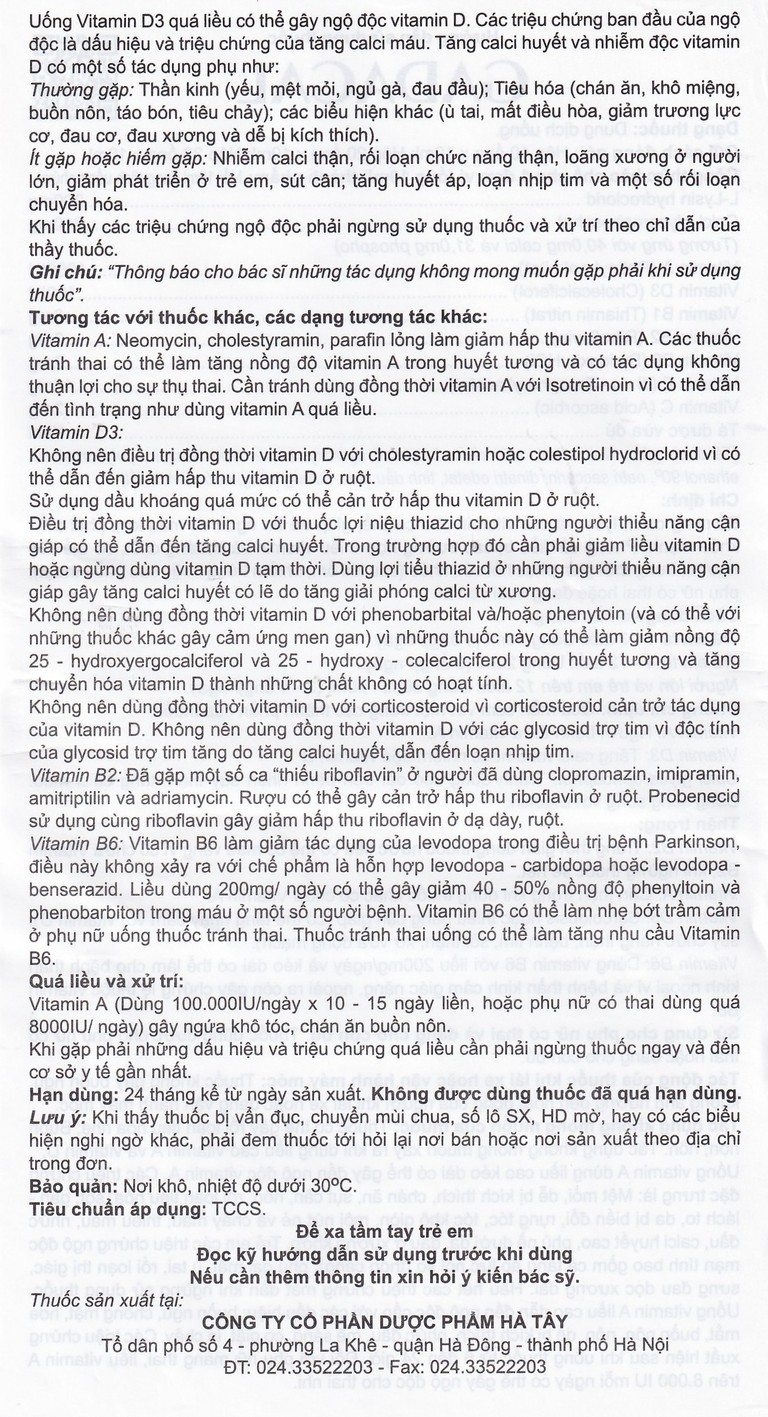 Dung dịch uống Gadacal Hà Tây bổ sung Calci, Lysin và các Vitamin (20 ống x 10ml)