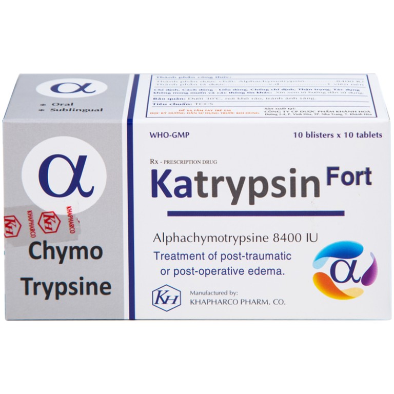Viên nén Katrypsin Fort 8400IU Khapharco điều trị phù nề sau chấn thương, sau mổ (10 vỉ x 10 viên)