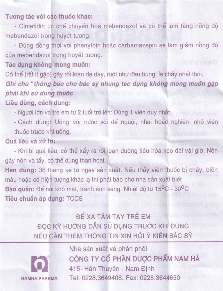 Viên nhai Mebendazol 500mg Nam Hà điều trị các loại giun tròn (1 viên)